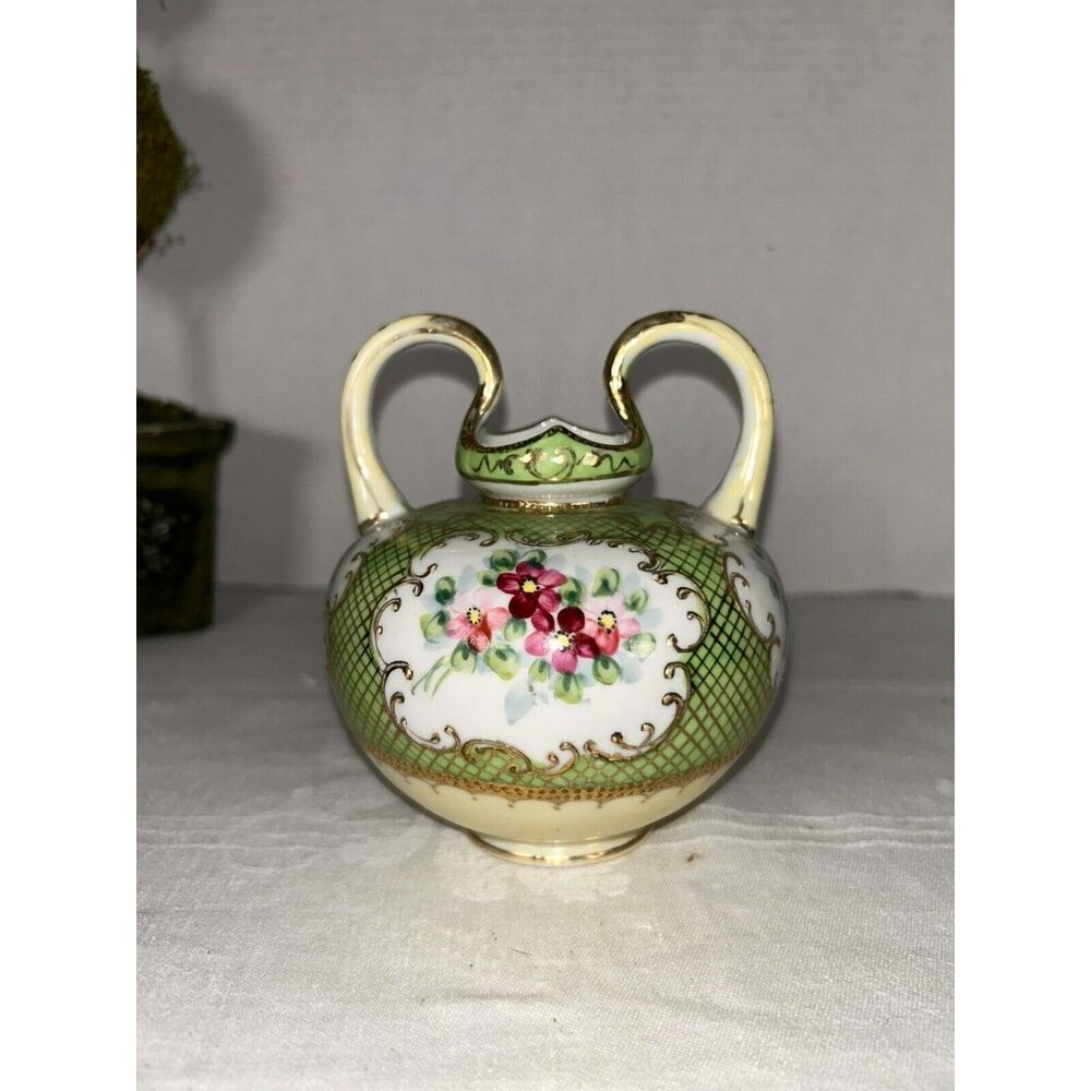 Unmarked Nippon Japan Hand Painted Porcelain Handled Vase Green & Gold Floral